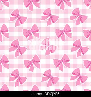 Nahtloses Muster mit niedlichen rosafarbenen Schleifen auf einem hellrosa Karomuster-Hintergrund. Stock Vektor