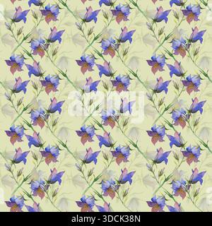 Nahtloses Muster mit realistischen blauen Wildblumen auf hellgrünem Hintergrund. Aquarellillustration mit Blauglocken. Hintergrund mit Blumenmuster für Tapeten Stockfoto