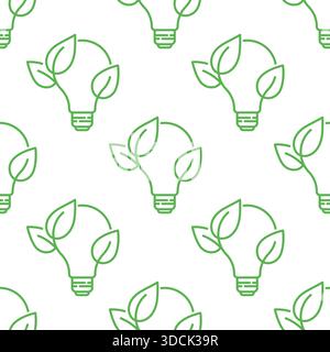 Glühlampensymbol mit nahtlosem Muster aus grünen Blättern. Design für umweltfreundliche Energie. Vektorillustration für erneuerbare Energien. Kontursymbolstruktur Stock Vektor