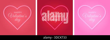 Vektor-Set mit Valentinstag Herzen in rosa und roten Tönen, Neon Love Illustration für Grußkarten, Einladungen, Poster und Social-Media-Designs. Stock Vektor