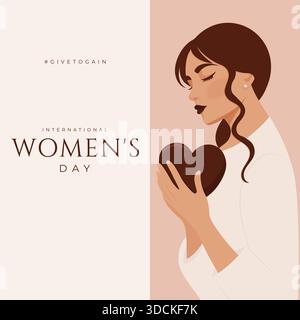 Internationale Frauentag-Grußkarte mit schöner Frau, die Herz-Symbol für märz 8 Feier flache Vektor-Illustration hält. Stock Vektor