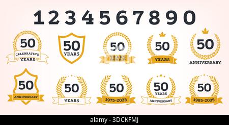 Jubiläumsstempel. 5, 10, 15, 20, 25, 30 Jahre Meilenstein-Gedenketiketten mit Lorbeerkranz und dekorativen Sternen. Vektor Jubiläumsstempel Logo Set Stock Vektor