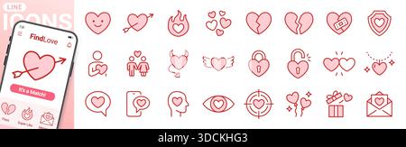 Valentinstag-Symbol-Set. Herz, romantisches Geschenk, Liebe, Leidenschaft, Beziehung, Empathie, Scheidung minimale Vektorillustrationen. Einfache Umrissschilder Stock Vektor