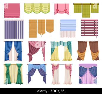 Eleganter Vorhang und Vorhänge für die Fensterdekoration im modernen klassischen Wohnzimmer. Luxuriöse Stoffe und stilvolles Gesims. Flache Vektorillustration für Zuhause Stock Vektor