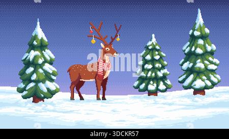 Pixelkunst Winterlandschaft mit Hirschen im Schal, schneebedeckten Bäumen, Abendhimmel. Stock Vektor