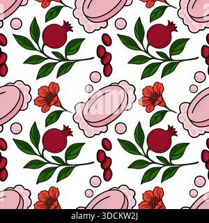 Nahtloses Vektormuster von Reifen Granatäpfeln, leuchtenden roten Blumen und zarten rosa Seifenriegeln mit verstreuten Perlen. Stock Vektor