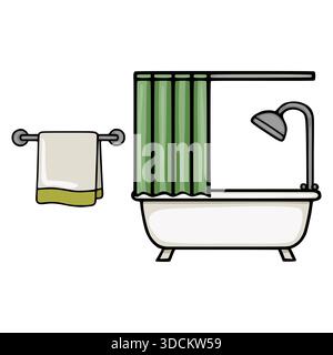 Einfache flache Vektor-Illustration einer weißen Badewanne mit einem grünen Duschvorhang und einem Handtuch auf einem Gestell. Stock Vektor
