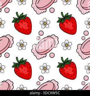 Nahtloses Vektormuster mit leuchtenden roten Erdbeeren, zarten weißen Blüten mit gelben Mittelpunkten und weichen rosa Seifenstäbchen mit Blasen auf einer Clea Stock Vektor