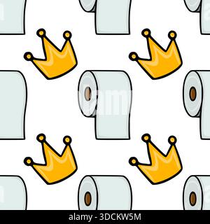Nahtloses Vektormuster mit verspielten Toilettenpapierrollen und goldenen Kronen, gerendert in einem einfachen, flachen Cartoon-Stil mit auffälligen Linien und einer Clea Stock Vektor