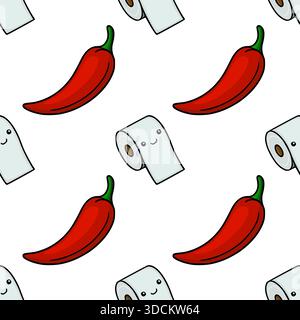 Entzückendes Zeichentrickvektormuster mit lächelnden Toilettenpapierrollen und roten Chili-Paprika auf weißem Hintergrund, perfekt für verspielte Designs. Stock Vektor