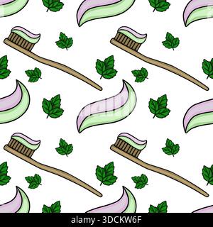 Nahtloses Vektormuster mit Bambus-Zahnbürsten mit zweifarbiger Minzzahnpasta und frischen grünen Blättern auf einem sauberen weißen Hintergrund für umweltfreundlich Stock Vektor