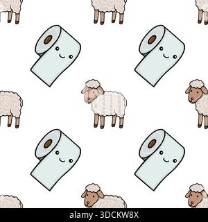 Nahtloses Vektormuster mit entzückenden Karikaturschafen und fröhlichen Toilettenpapierrollen mit glücklichen Gesichtern. Stock Vektor