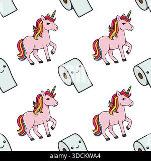 Ein skurriles nahtloses Vektormuster mit bezaubernden rosa Einhörnern mit Regenbogenmähnen und Schwänzen, durchsetzt mit lächelnden Toilettenpapierrollen Agave Stock Vektor