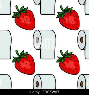 Ein bezauberndes nahtloses Vektormuster mit Reifen roten Erdbeeren und Toilettenpapierrollen, in einem verspielten, handgezeichneten Cartoon-Stil mit bol Stock Vektor