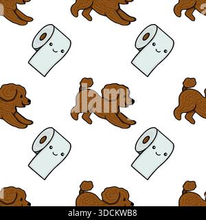 Entzückendes Vektormuster mit einem verspielten braunen Pudel, der mit einer fröhlichen Toilettenpapierrolle interagiert, vor einem sauberen weißen Hintergrund. Stock Vektor