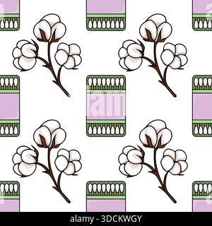 Nahtloses Vektormuster mit flauschigen Baumwollbüscheln und einer Schachtel mit Wattestäbchen mit einem pastelllila Akzent, gerendert in einem klaren, illustrativen Stil. Stock Vektor