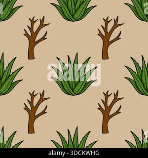 Nahtloses Vektormuster mit stilisierten grünen Aloe Vera Pflanzen und kargen braunen Zweigen auf einem neutralen beigen Hintergrund, das an einen minimalistischen botani erinnert Stock Vektor