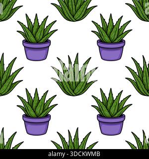 Nahtloses Vektormuster aus leuchtend grünen Aloe Vera Pflanzen in violetten Töpfen, das eine stilvolle, handgezeichnete Ästhetik mit kräftigen Umrissen und glattem Sch präsentiert Stock Vektor