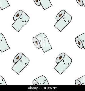 Entzückende Kawaii Toilettenpapierrollen mit lächelnden Gesichtern, die ein fröhliches und skurriles nahtloses Vektormuster für Hintergründe und Dekor schaffen. Stock Vektor