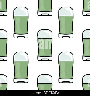 Nahtloses Vektormuster mit handgezeichneten grünen Stick-Deodorants mit weißen Kappen, die in einem sauberen Raster auf einem glatten weißen Hintergrund für persönliche Zwecke angeordnet sind Stock Vektor