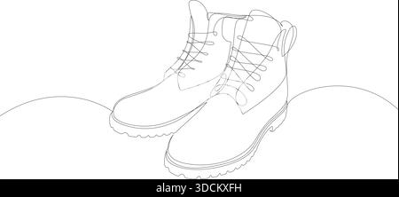 Durchgehende einzeilige Zeichnung von Mannstiefeln. Einzeiliger Kunstlederstiefel für Winterwanderungen oder Herbstwanderungen. Vektorillustration, bearbeitbare Kontur. Stock Vektor