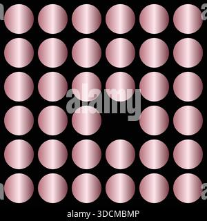 Ein eleganter und moderner abstrakter Hintergrund mit einem Raster aus glänzenden, roségoldenen Metallkreisen vor einem dunklen schwarzen Hintergrund. Jeder Kreis wird angezeigt Stock Vektor
