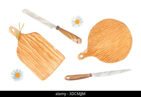 Aquarell-Küchen-Clipart-Set mit Holzschneidebrettern, Messern und Gänseblümchen isoliert auf weiß Stockfoto