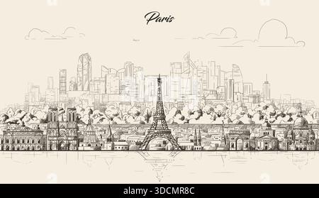Skyline von Paris. Künstlerische skizzierte Hand gezeichnete Vektorillustration auf einem weichen braunen Hintergrund Stock Vektor