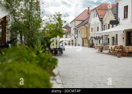 Der Linhart-Platz von Radovljica ist ein mittelalterliches Juwel. Das Foto zeigt historische bürgerliche Häuser mit bemalten Fassaden, gotischen Portalen und dem großen Stockfoto