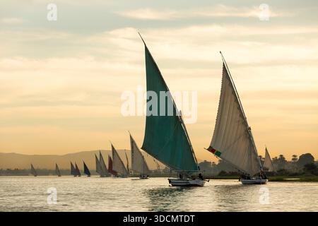 Traditionelle Felukenboote auf dem Nil in Assuan. Herrlicher Blick auf den Nil bei Sonnenuntergang. Assuan, Ägypten Stockfoto