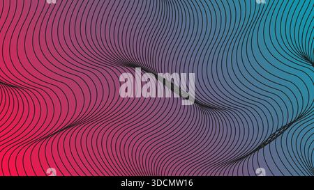 Moderner abstrakter Hintergrund mit welligen schwarzen Linien auf einem leuchtenden rosa und blauem Farbverlauf für kreative Technologie-Cover, digitale Musik-Poster, Stock Vektor