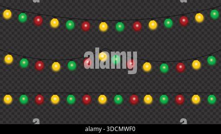 Mehrfarbige festliche Lichterketten mit leuchtenden roten, grünen und gelben Glühbirnen, die in dekorativen Girlanden auf transparentem Hintergrund angeordnet sind. Stock Vektor