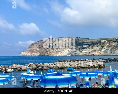 Reihen blauer Sonnenschirme entlang des Maronti Beach mit felsigem Wellenbrecher und Landzunge in Barano d’Ischia, Kampanien, Italien. Stockfoto