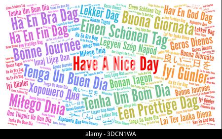 Einen schönen Tag noch Wort Wolke in verschiedenen Sprachen Stockfoto