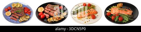 Gegrilltes Gemüse, Fisch und Fleisch. Schalen isoliert auf weiß Stockfoto