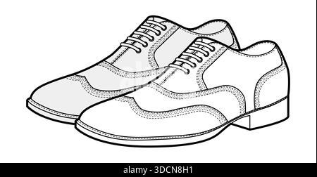 Lochstickchen Herren Schnürschuhe Skizzenpaar. Schuhe aus perforiertem Leder mit klassischem Flügelspitzendetail, eleganter, legerer Bürostil. Technische Illustration CAD-Modell Skizzenvektorkontur isoliert auf weiß Stock Vektor