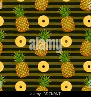 Ananasringe Aquarellwiederholmuster Ideal Für Textilien, Tapeten, Schreibwaren Und Verpackungen. Gleichmäßig angeordnete Ananas und in Scheiben geschnittene Ringe auf Clean White Canvas erzeugen ein handgezeichnetes nahtloses Aquarellmuster. Stockfoto