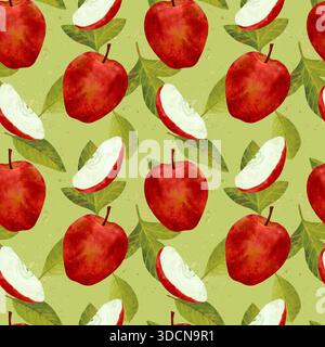 Aquarell Rote Äpfel Und Scheiben Rustikal. Warmes Stillleben von ganzen roten Äpfeln und geschnittenen Wedges mit strukturiertem Fleisch und Hauttönen gemütliche Herbsternte-Stimmung geeignet für Backen, Cider, handgezeichnetes nahtloses Aquarellmuster Stockfoto