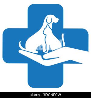 Illustration für die Pflege von Haustieren. Hund und Katze auf dem Hintergrund der Hand mit einem medizinischen Kreuz Stock Vektor