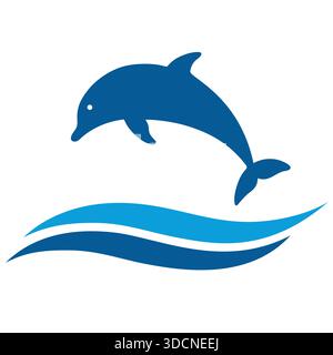 Illustrationslogo für Freizeit und Tourismus. Delfin, der auf den Wellen auf weißem Hintergrund springt Stock Vektor