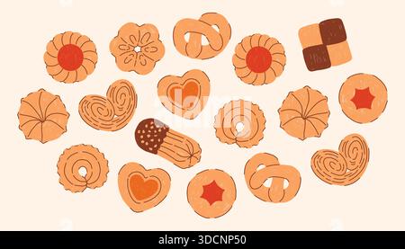 Einfache handgezeichnete Kekse in einem niedlichen Doodle-Stil, mit minimalen Formen und warmen Tönen auf einem hellbeigen Hintergrund. Gemütlich, süß und verspielt Stock Vektor