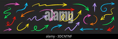 Pfeilstift Pastellstift Kreidefarbe Strichstrich. Sketch Kreide Pastellfarbe Bleistift Textur Linie Kind Spaß Pfeil Symbol. Handgezeichnete Grunge-Buntstift-Pinsel-Richtungselemente. Vektorabbildung Stock Vektor