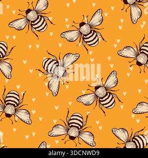 Nahtloses Muster mit Bienen. Kleine Wespe. Vektorabbildung. Design für Einladung, Karten, Textil, Stoff. Doodle-STYLE Stock Vektor