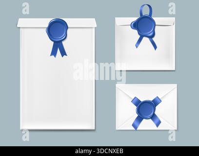 Briefumschläge mit blauen Wachsversiegeln. Vektor-realistische Illustration des leeren Papierpakets für Brief, Liebesbotschaft, Einladung oder Dokument versiegelt mit runden 3D-Stempeln und Bändern, Vintage-königliche Post Stock Vektor