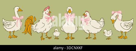 Cottagecore Gans- und Hühnerillustration mit rosa Bögen - charmante Bauernvögel mit dekorativen Schleifenbögen. Niedliche Geflügelfiguren im skurrilen Vintage-Doodle-Stil für das Frühlingszimmer. Stock Vektor