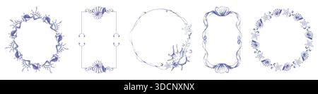 Vintage-Seerahmen mit handgezeichneten Kritzeleien. Blaue dekorative Borte mit Muscheln, Seesternen-Motiven und Meereselementen in skurriler Linie für Hochzeitseinladungen am Strand, Sommergeburtskarte Stock Vektor