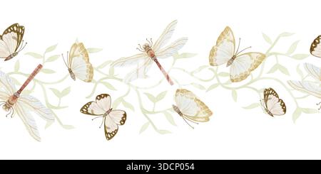 Abstrakte Schmetterlinge und Libellen nahtlose Grenze mit Weinzweig in pastellbeigen Farben. Aquarell Hand gezeichnetes Wiederholungsbanner auf weiß mit süßen Stockfoto
