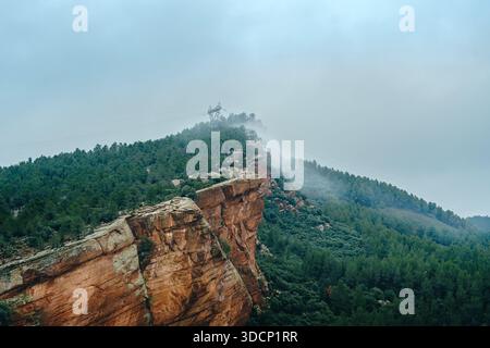 Rote Sandsteinklippen umgeben von Kiefernwald und Nebel, malerische Berglandschaft in Penarroyas, Teruel, Aragon, Spanien Stockfoto