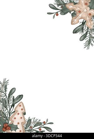 Quadratischer Rahmen Aquarellillustration mit Kiefernzweigen, Tanne. Postkarte für stechpalme und rote Beeren und süßen Keks in Form eines Baumes. Hand Stockfoto