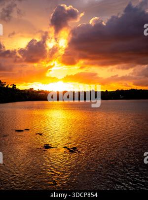 Ein atemberaubender Sonnenuntergang über einem ruhigen See mit leuchtenden Orange- und Gelbtönen, die sich auf der Wasseroberfläche spiegeln, umgeben von Bäumen und Wolken Stockfoto